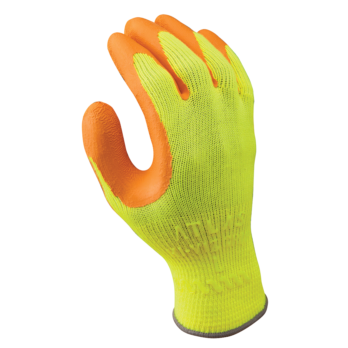 General purpose, palm coated, orange natural rubber, wrinkle finish, ergonomic seamless Hi-Viz bright yellow knitted liner,  extra large