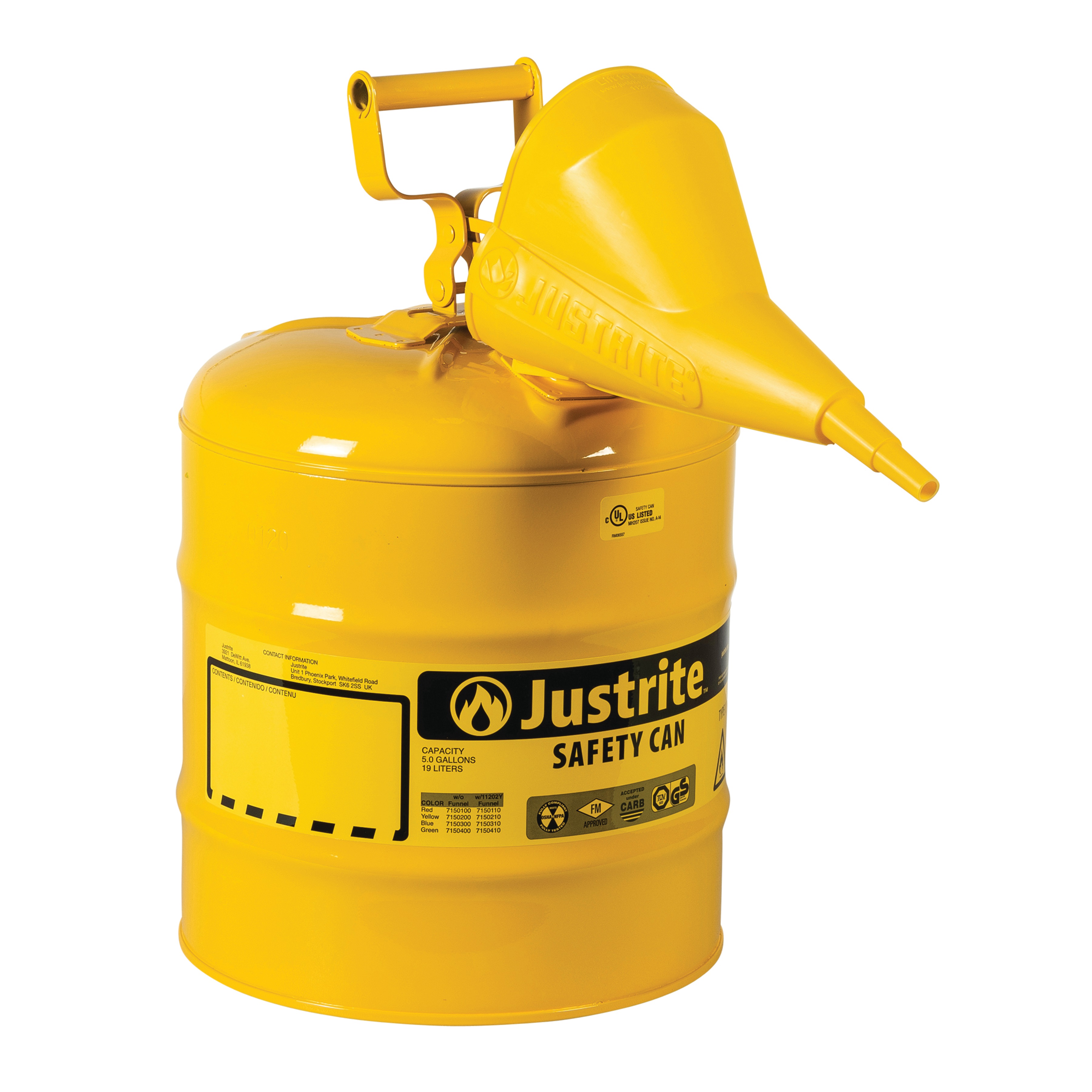 Justrite Swinging Handle Type 1 Safety Cans with Funnel Yellow